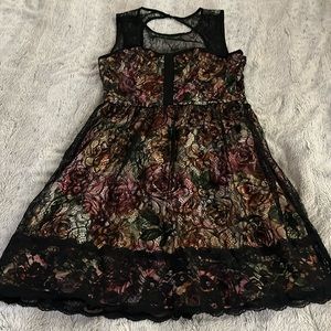 Black Lace overlay dress S pink roses sweetheart neck open back mini fancy pinup